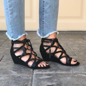 Black Braided Woven Strappy Wedge